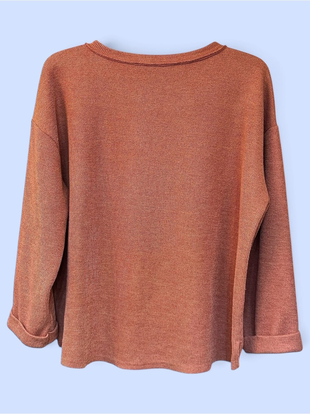 Blu Pepper Terracotta Ribbed Knit Notched V-Neck Top Pullover Sweater Size L - Picture 2 of 13